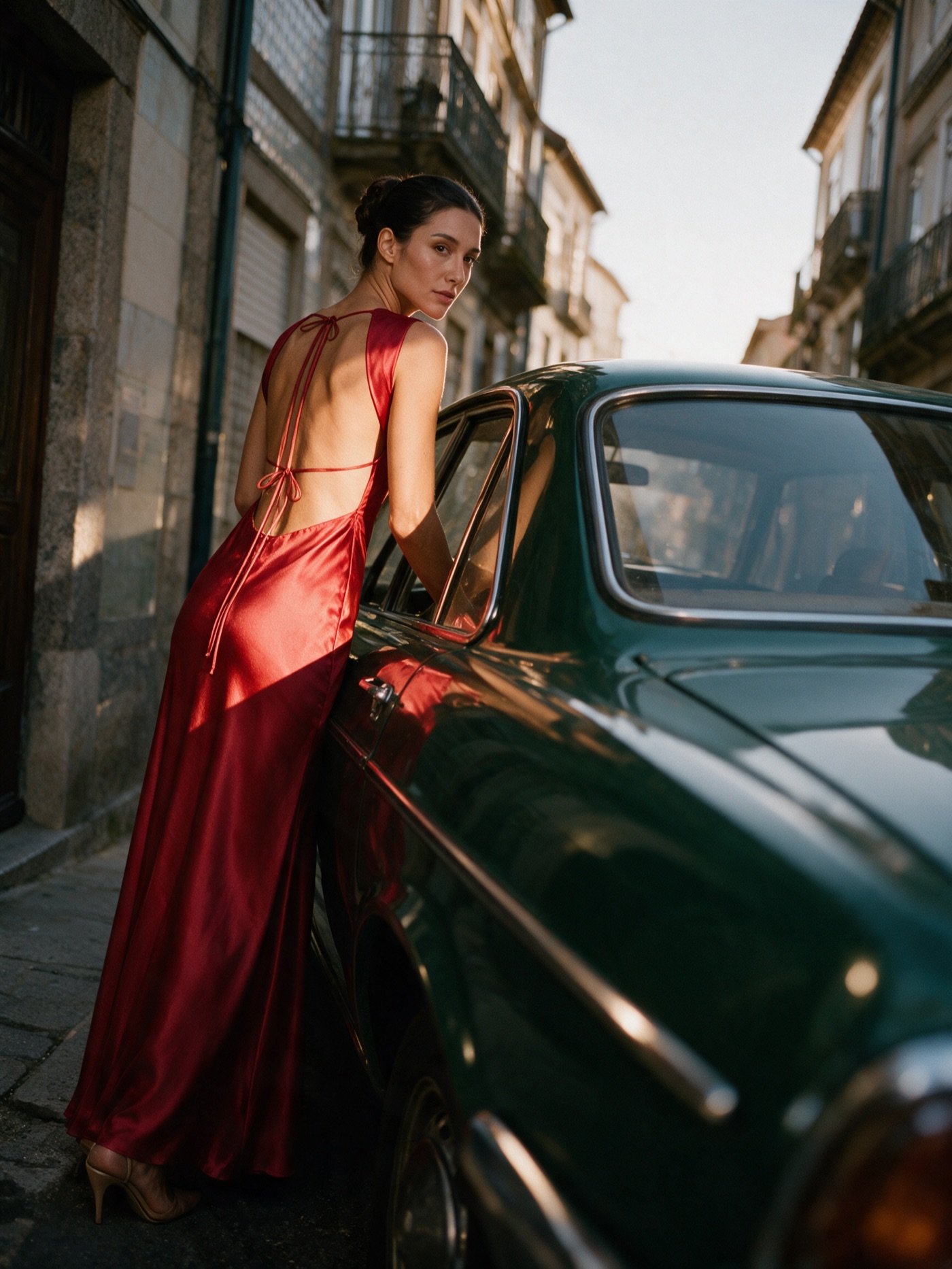 Vestido de cetim vermelho encostada a um carro antigo verde