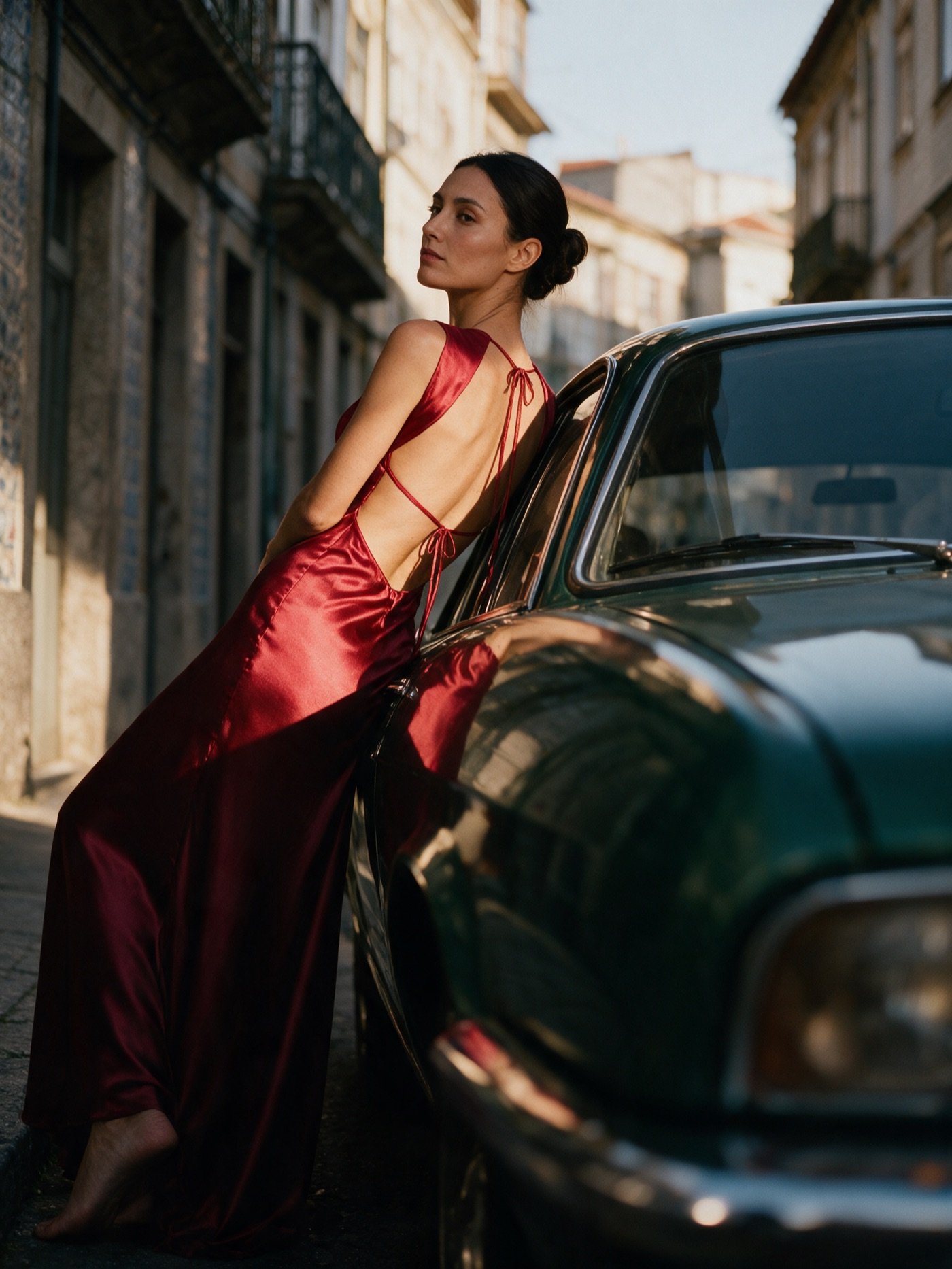 Vestido vermelho de costas, junto ao carro antigo