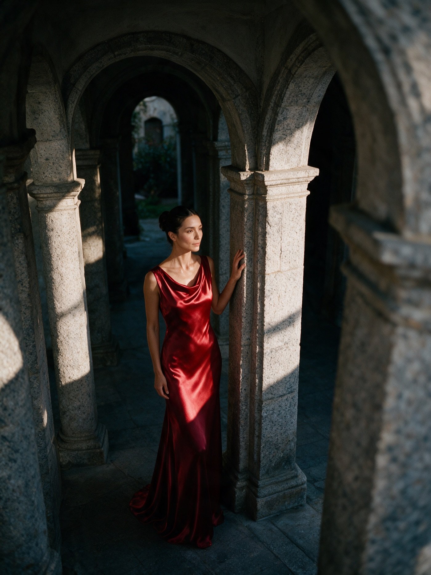 Vestido vermelho sob arcadas de pedra