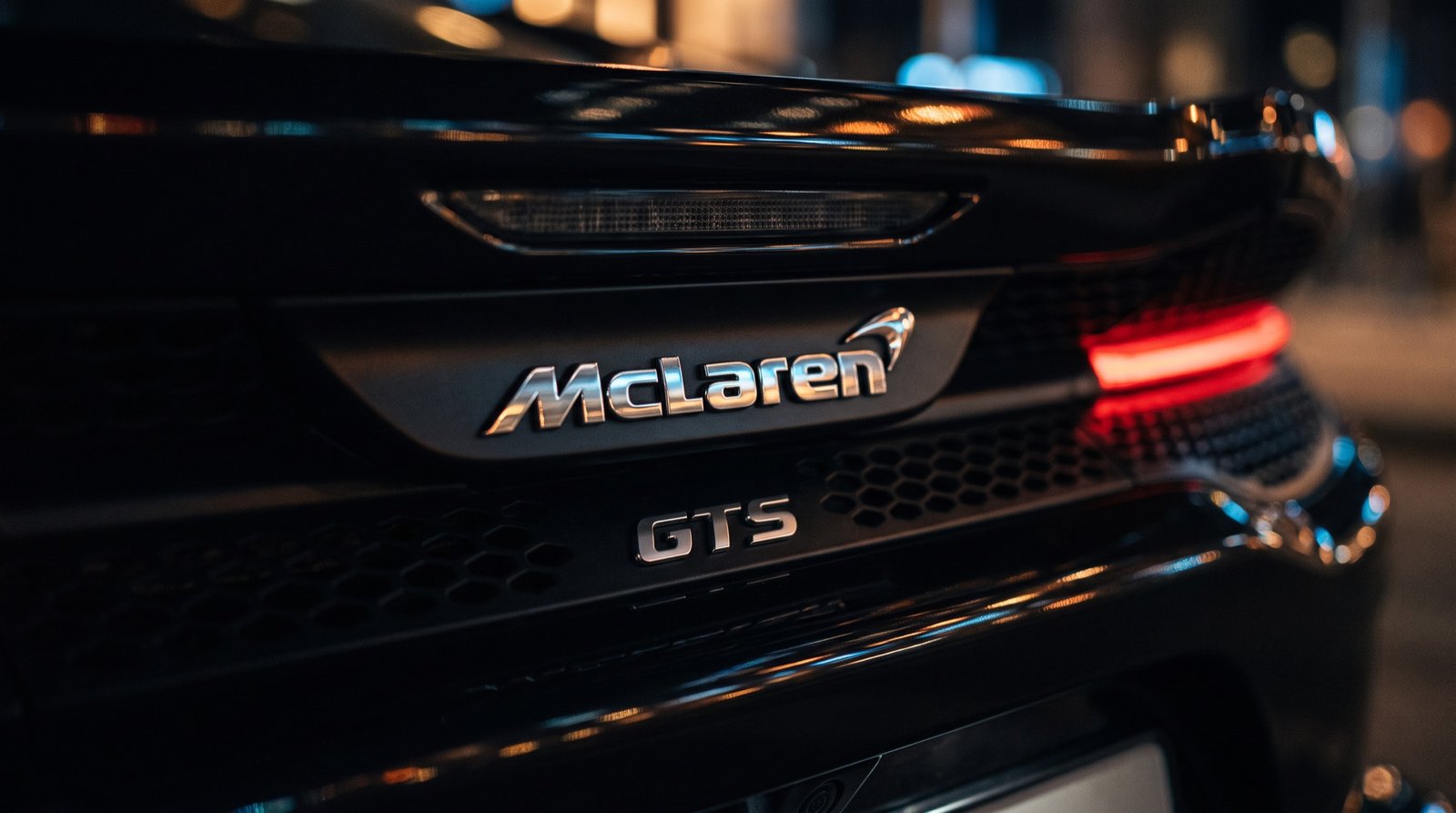 Emblema McLaren e GTS na traseira, farolins acesos à noite